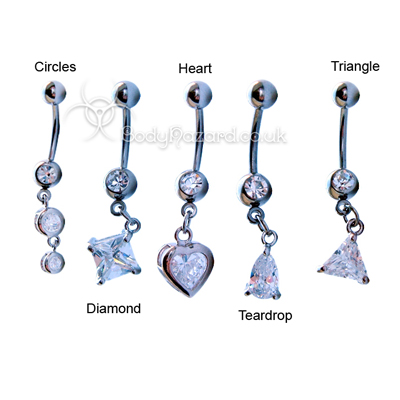 Clear CZ Shape Dangle Belly Bar Surgical Steel Barbells Clear CZ Shape Dangle Belly Bar Surgical Steel Barbells