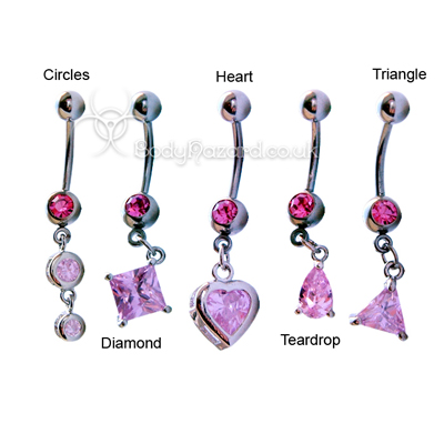 Pink CZ Shape Dangle Belly Bar Surgical Steel Barbells Pink CZ Shape Dangle Belly Bar Surgical Steel Barbells