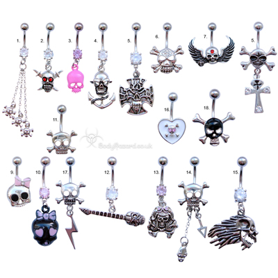 Skull Belly Bars Clear CZ Gems Surgical Steel Barbell Skull Belly Bars Clear CZ Gems Surgical Steel Barbell