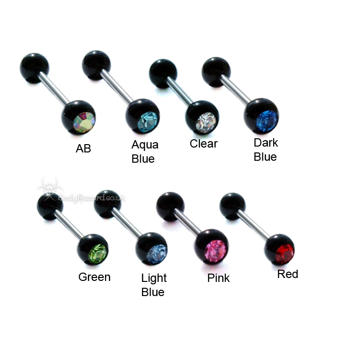Black Acrylic Tongue Bars with CZ Gems Surgical Steel Barbells