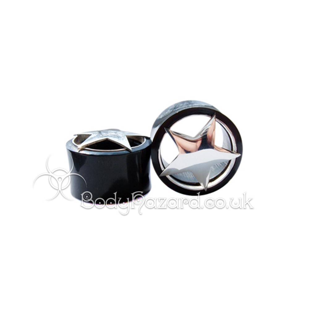 Black Buffalo Horn Ear Tunnel w/ Silver Solid Star Black Buffalo Horn Ear Tunnel w/ Silver Solid Star
