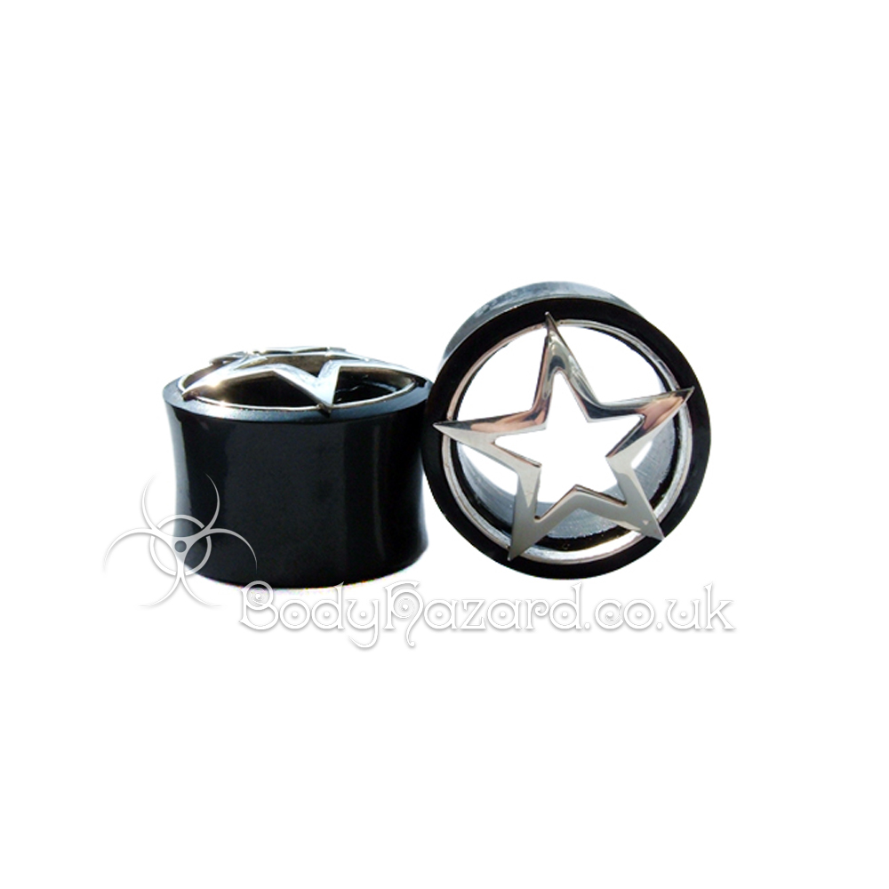 Black Buffalo Horn Ear Tunnel w/ Silver Line Star Black Buffalo Horn Ear Tunnel w/ Silver Line Star