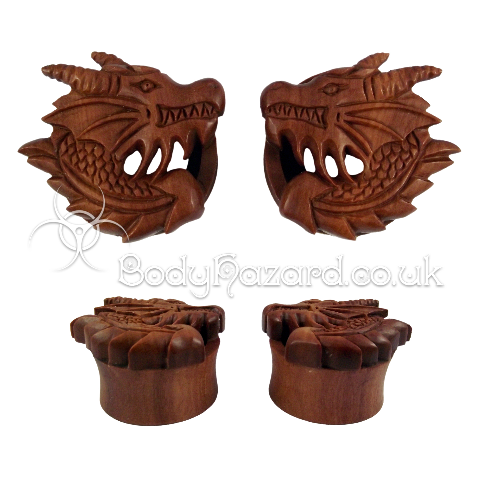 Pair of Dragon Carved Saba Wood Double Flared Tunnel Pair of Dragon Carved Saba Wood Double Flared Tunnel