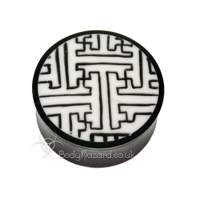 Buffalo Horn Double Flared Plug With Swastika Maze Buffalo Horn Double Flared Plug With Swastika Maze