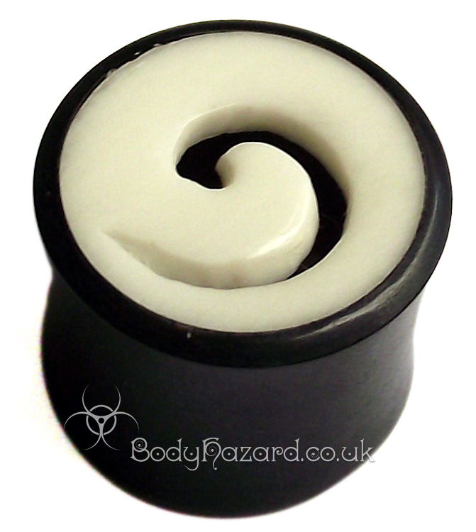 Buffalo Horn Double Flared Plug With Spiral Cut Bone Inlay Buffalo Horn Double Flared Plug With Spiral Cut Bone Inlay
