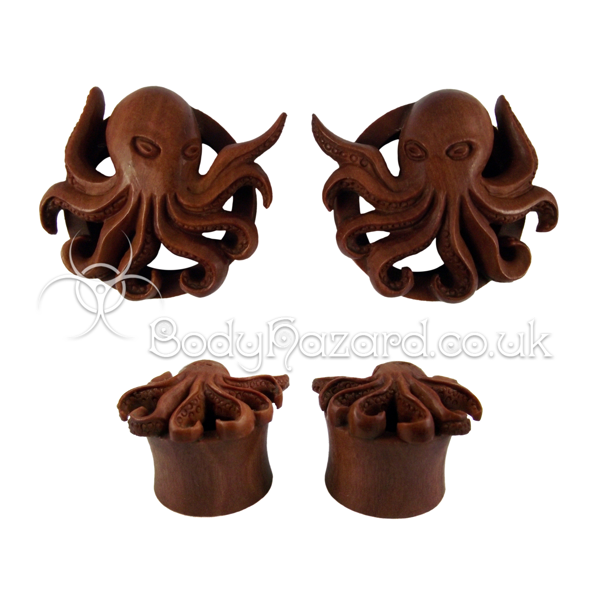 Pair of Kraken Carved Saba Wood Double Flared Tunnel Pair of Kraken Carved Saba Wood Double Flared Tunnel