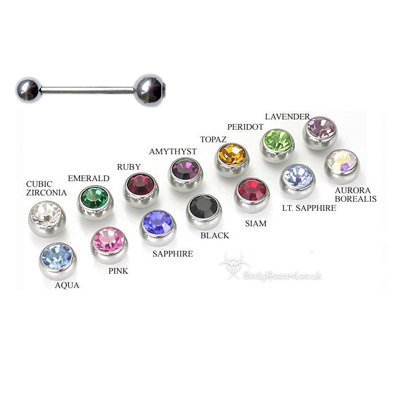 Steel Tongue Bars with CZ Gems Surgical Steel Barbell Steel Tongue Bars with CZ Gems Surgical Steel Barbell