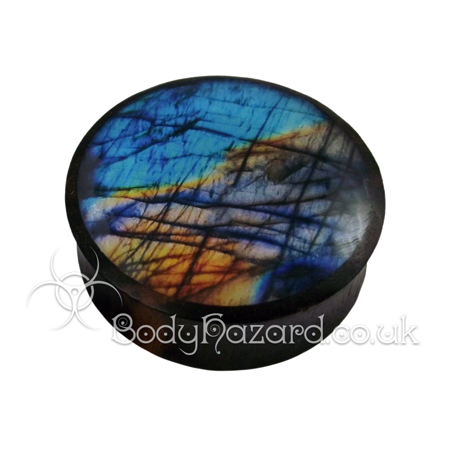 Synthetic Labradorite & Sono Wood Double Flared Ear Plug Synthetic Labradorite & Sono Wood Double Flared Ear Plug
